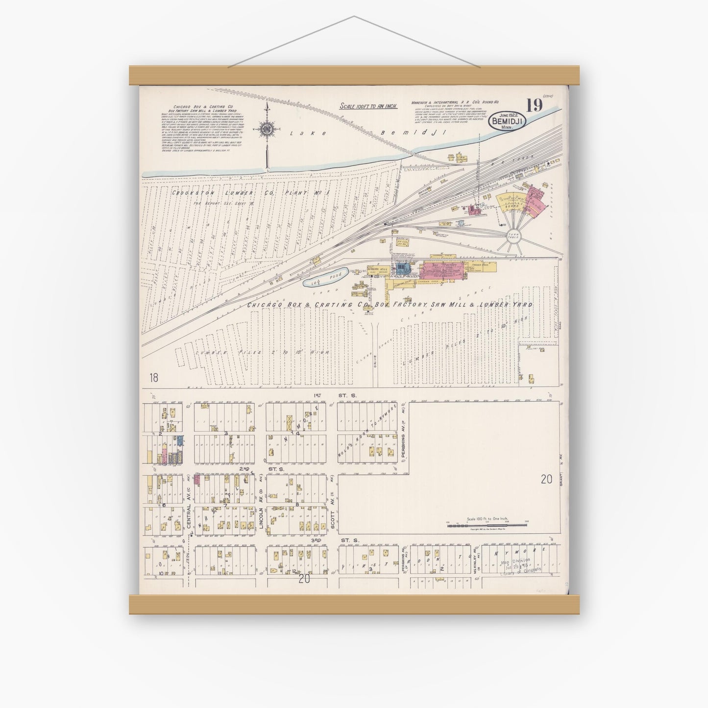Old map wall art mockup — magnetic wood frame on white wall — Sanborn Fire Insurance Map from Bemidji, Beltrami County, Minnesota (1922), Sheet #0019