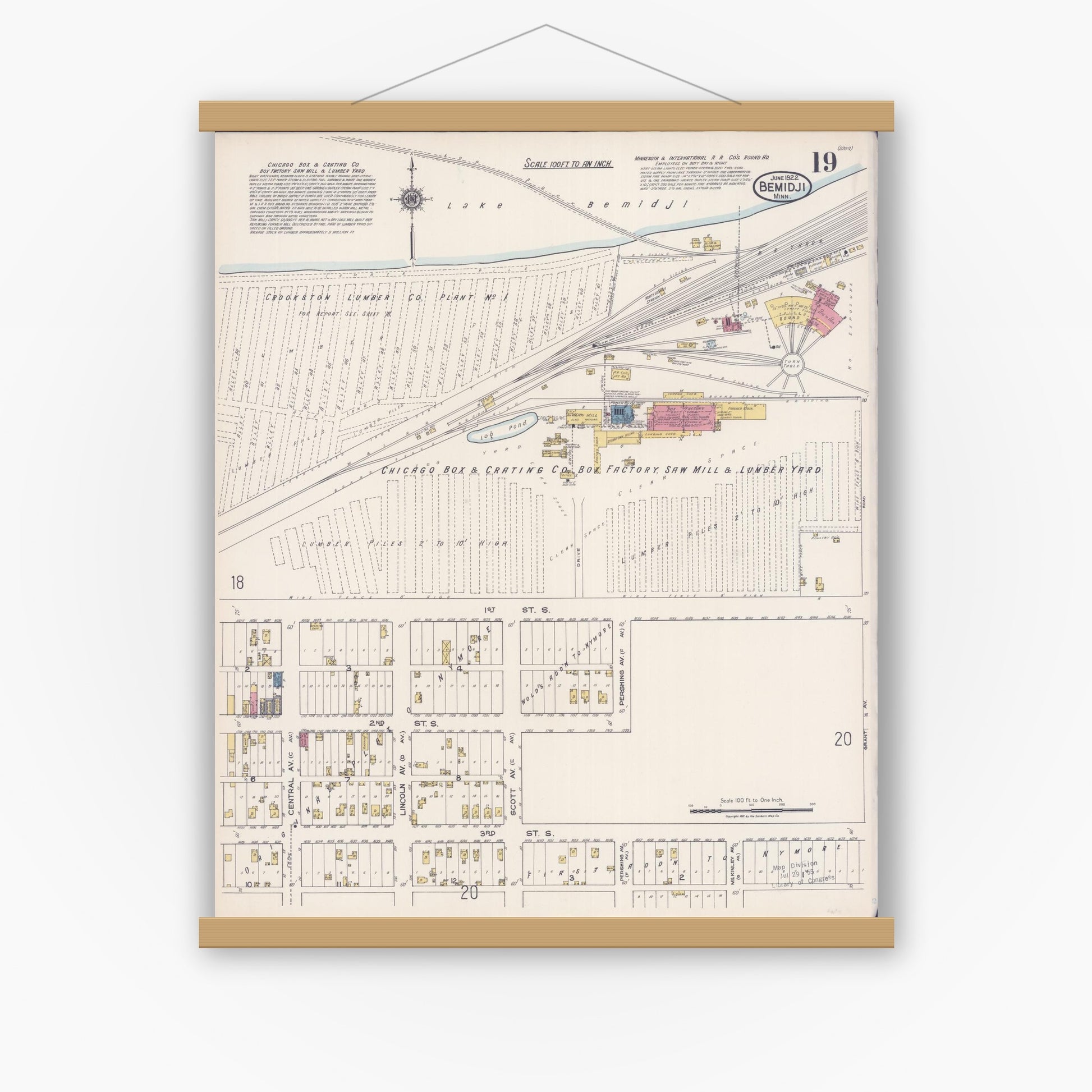 Old map wall art mockup — magnetic wood frame on white wall — Sanborn Fire Insurance Map from Bemidji, Beltrami County, Minnesota (1922), Sheet #0019
