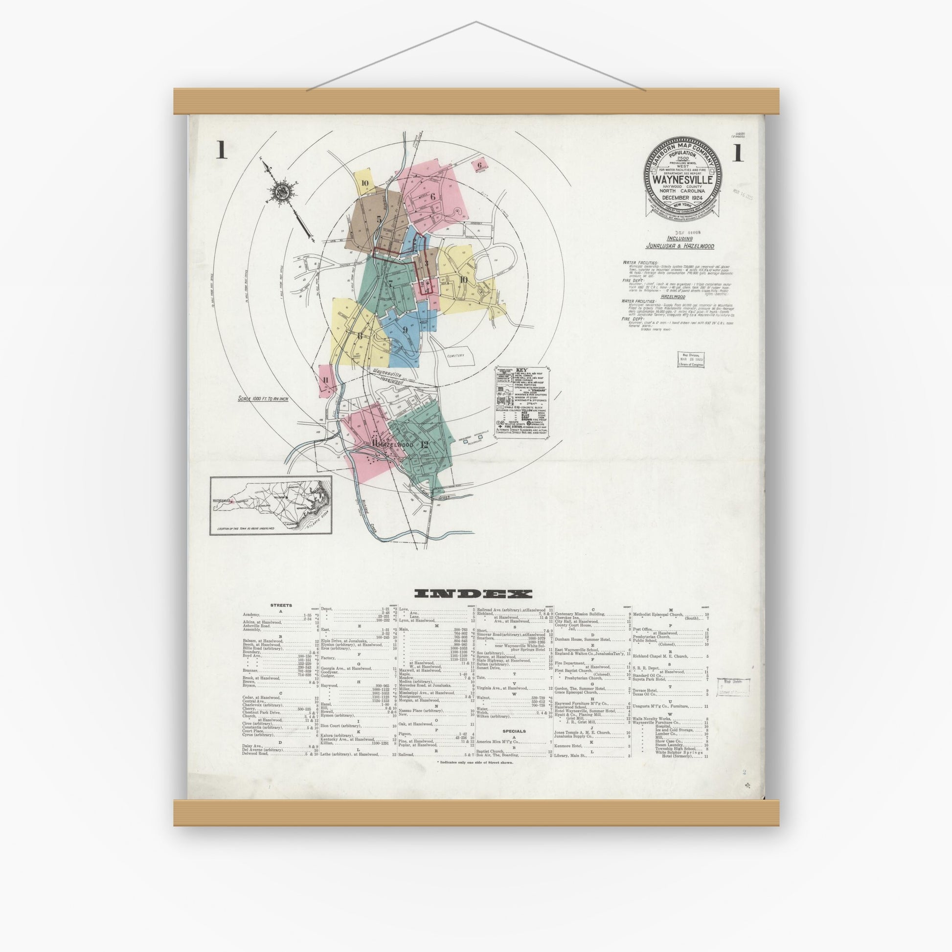 Old map wall art mockup — magnetic wood frame on white wall — Sanborn Fire Insurance Map from Waynesville, Haywood County, North Carolina (1924), Sheet #0001