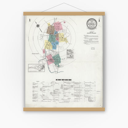 Old map wall art mockup — magnetic wood frame on white wall — Sanborn Fire Insurance Map from Waynesville, Haywood County, North Carolina (1924), Sheet #0001