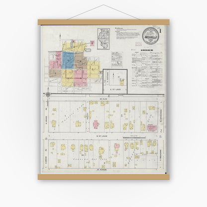 Old map wall art mockup — magnetic wood frame on white wall — Sanborn Fire Insurance Map from Nashville, Washington County, Illinois (1915) - Complete Map Set