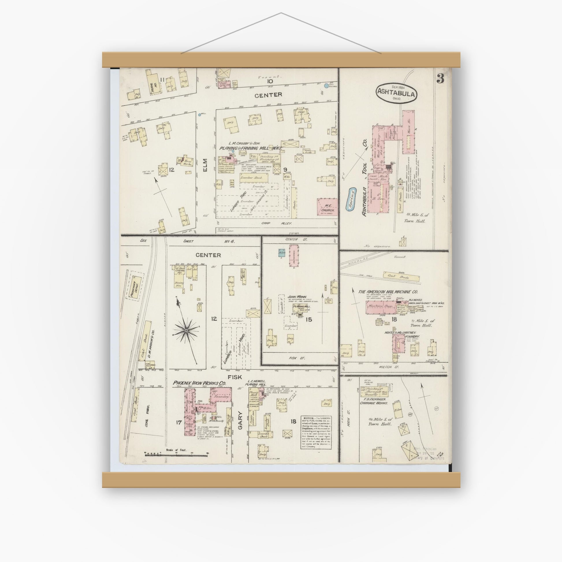 Old map wall art mockup — magnetic wood frame on white wall — Sanborn Fire Insurance Map from Ashtabula, Ashtabula County, Ohio (1884), Sheet #0003