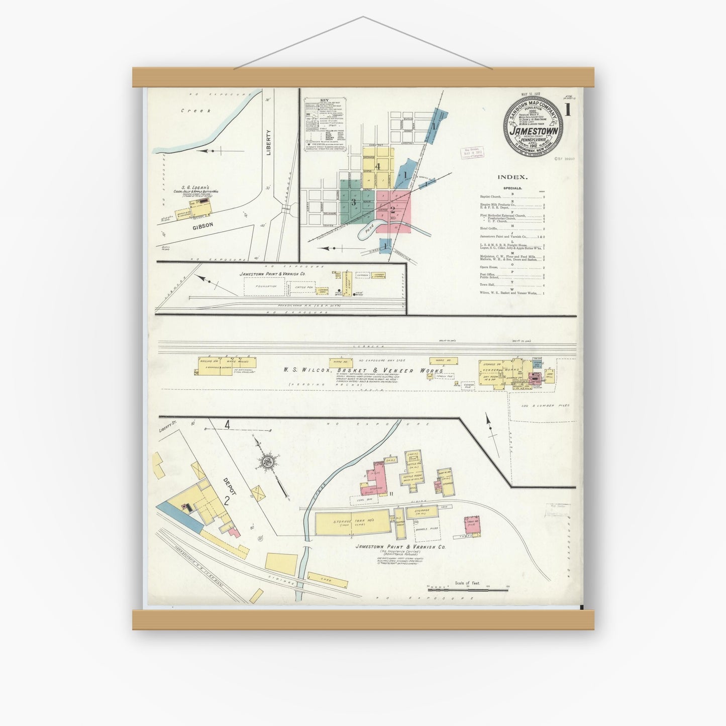 Old map wall art mockup — magnetic wood frame on white wall — Sanborn Fire Insurance Map from Jamestown, Mercer County, Pennsylvania (1912) - Complete Map Set