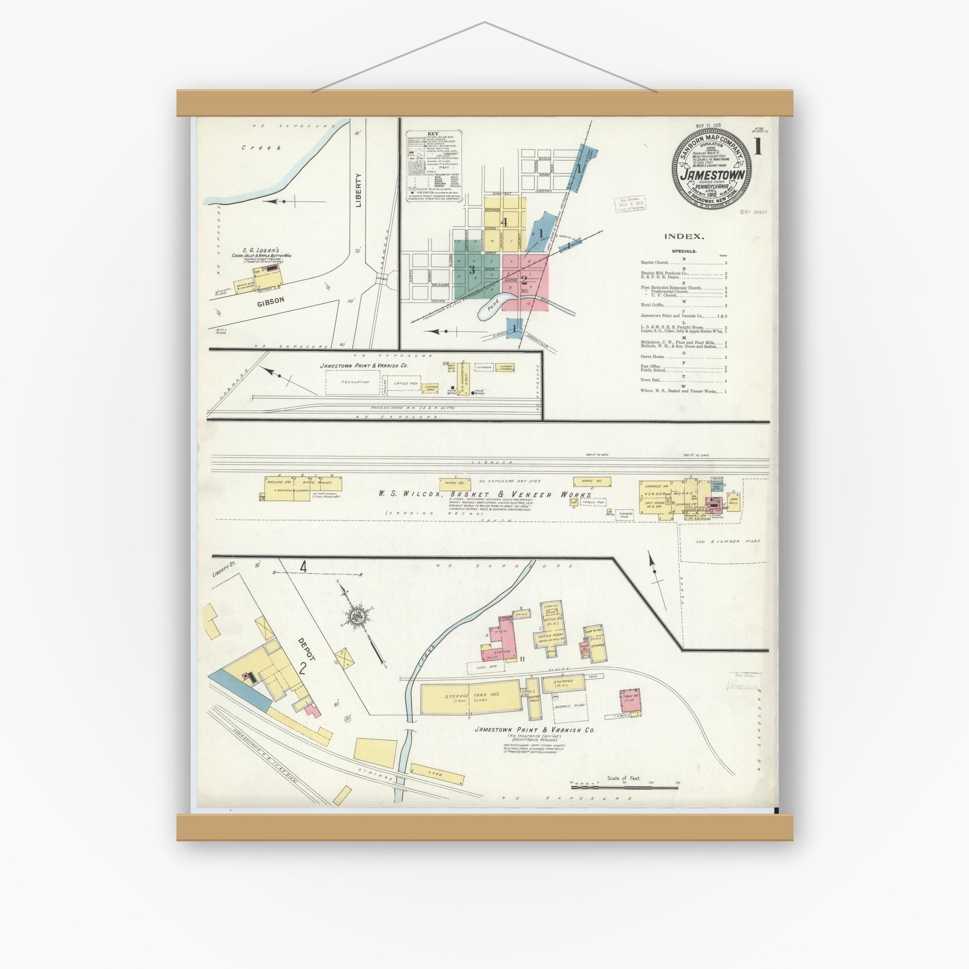 Old map wall art mockup — magnetic wood frame on white wall — Sanborn Fire Insurance Map from Jamestown, Mercer County, Pennsylvania (1912) - Complete Map Set
