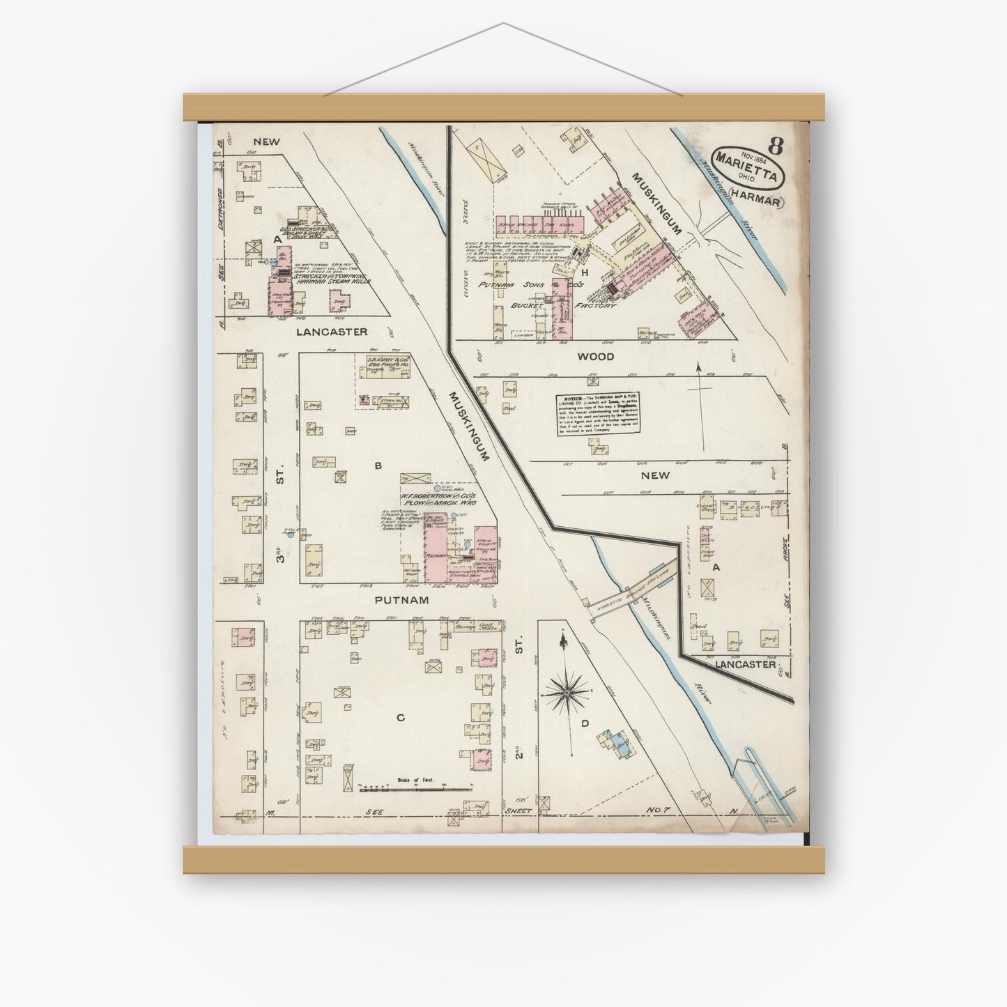 Old map wall art mockup — magnetic wood frame on white wall — Sanborn Fire Insurance Map from Marietta, Washington County, Ohio (1884), Sheet #0008