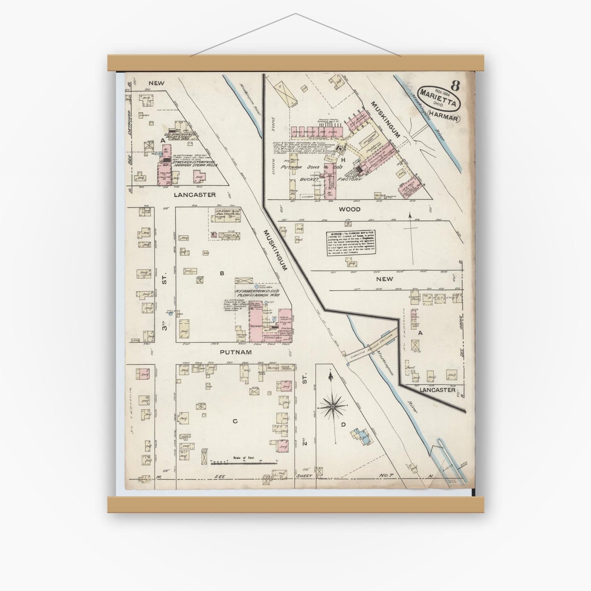 Old map wall art mockup — magnetic wood frame on white wall — Sanborn Fire Insurance Map from Marietta, Washington County, Ohio (1884), Sheet #0008