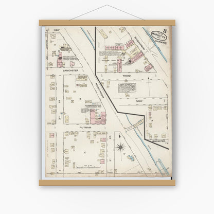 Old map wall art mockup — magnetic wood frame on white wall — Sanborn Fire Insurance Map from Marietta, Washington County, Ohio (1884), Sheet #0008