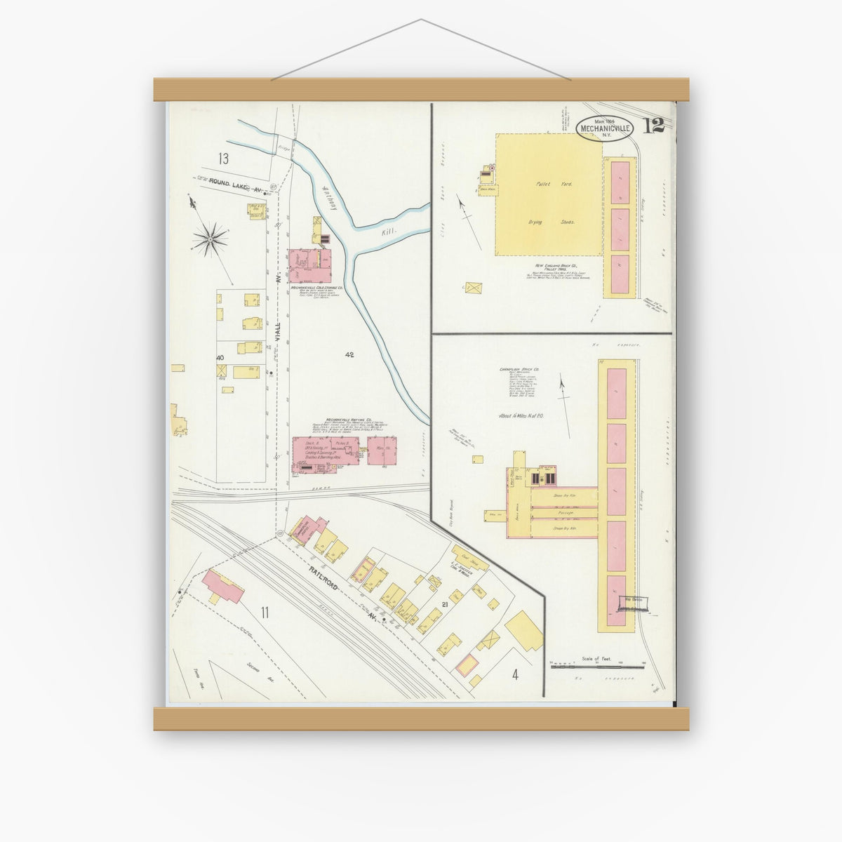 Old map wall art mockup — magnetic wood frame on white wall — Sanborn Fire Insurance Map from Mechanicville, Saratoga County, New York (1904), Sheet #0011