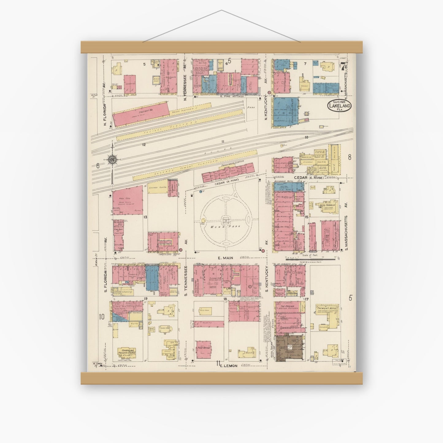 Old map wall art mockup — magnetic wood frame on white wall — Sanborn Fire Insurance Map from Lakeland, Polk County, Florida (1922), Sheet #0007