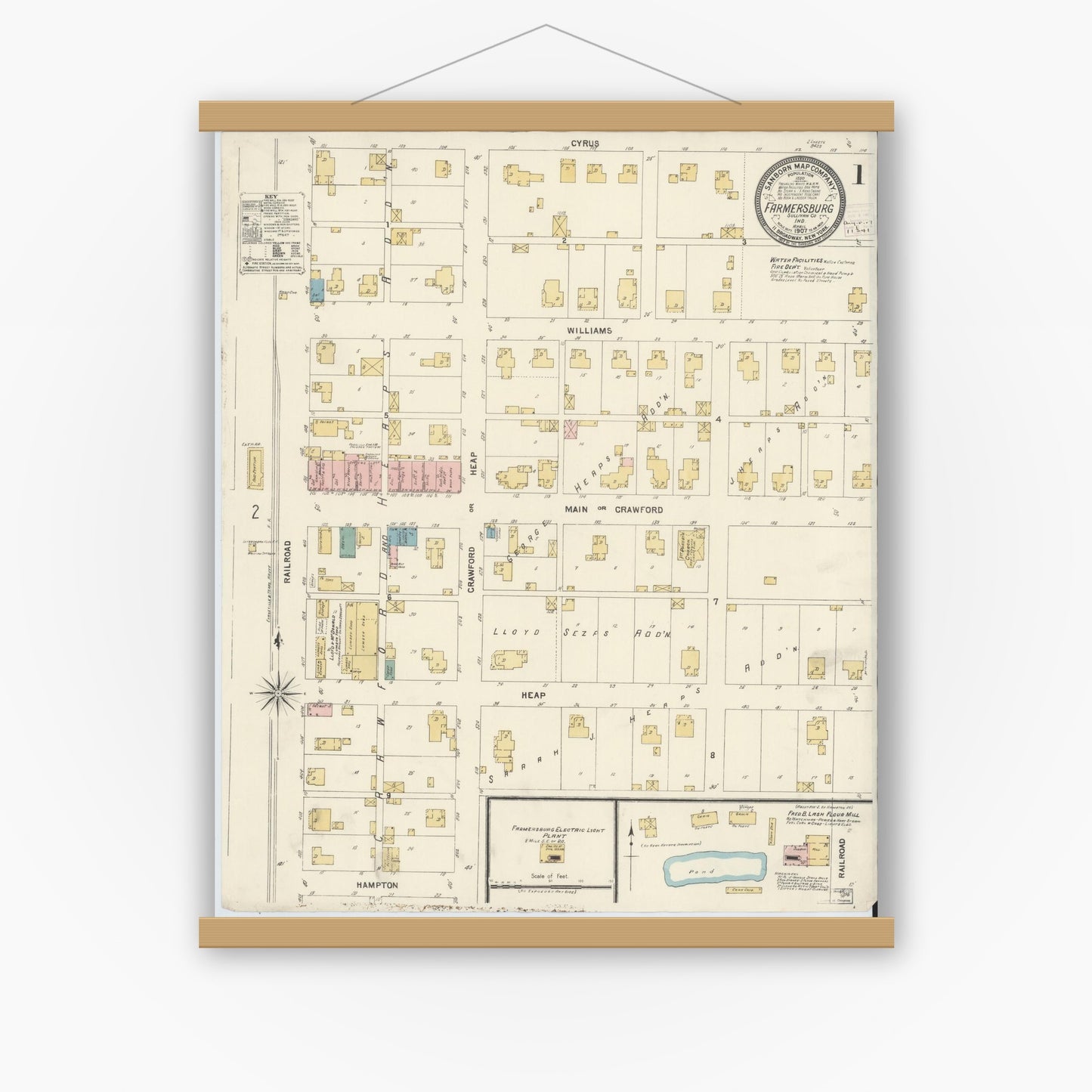 Old map wall art mockup — magnetic wood frame on white wall — Sanborn Fire Insurance Map from Farmland, Randolph County, Indiana (1907) - Complete Map Set