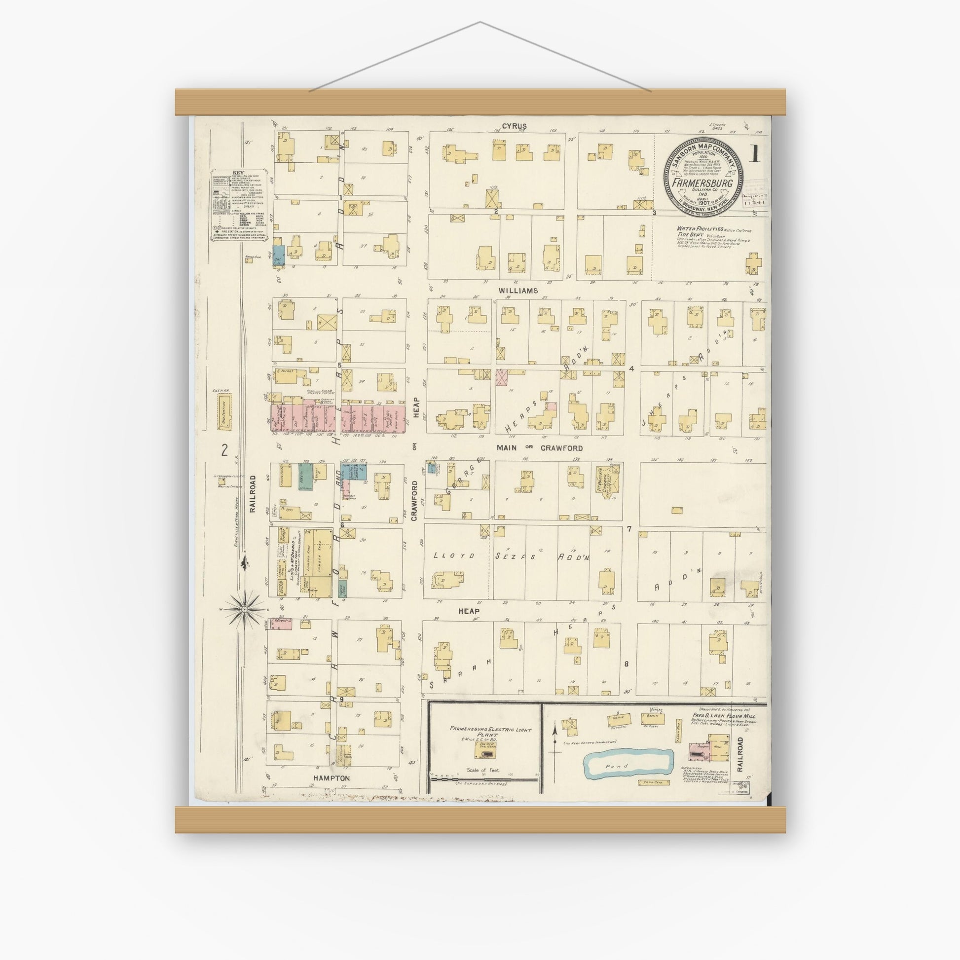 Old map wall art mockup — magnetic wood frame on white wall — Sanborn Fire Insurance Map from Farmland, Randolph County, Indiana (1907) - Complete Map Set