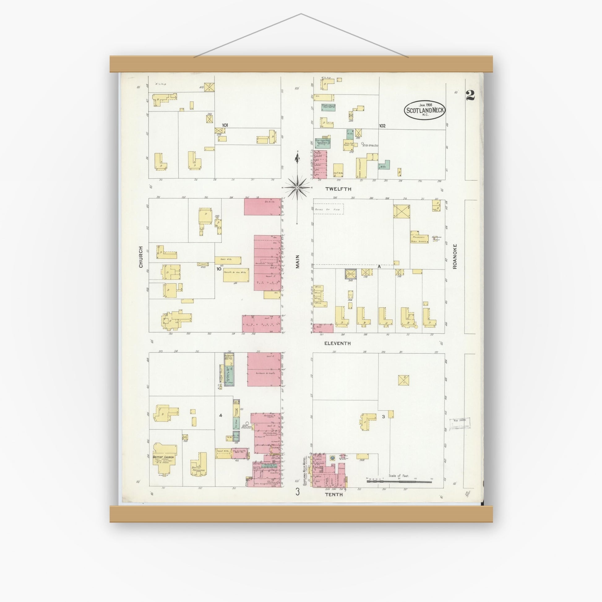 Old map wall art mockup — magnetic wood frame on white wall — Sanborn Fire Insurance Map from Scotland Neck, Halifax County, North Carolina (1908), Sheet #0002