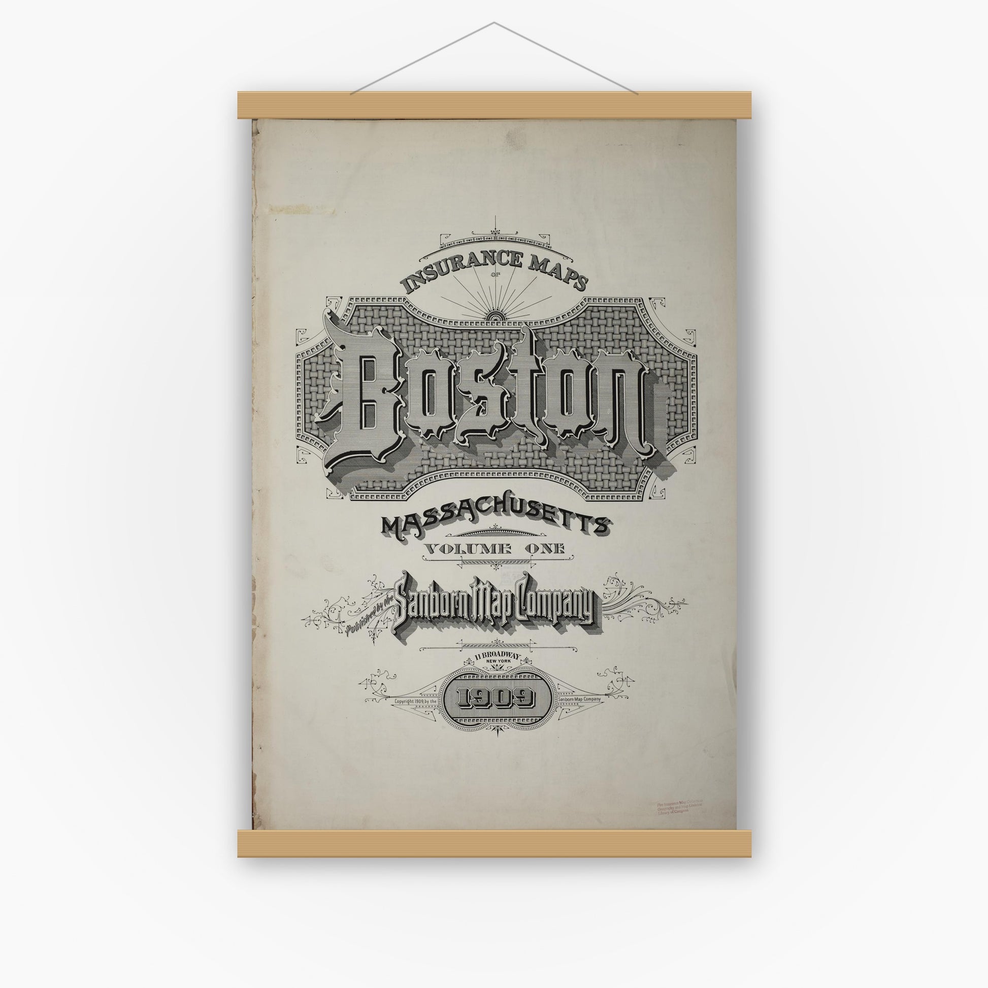 Old map wall art mockup — magnetic wood frame on white wall — Sanborn Fire Insurance Map from Boston, Suffolk County, Massachusetts (1909), Sheet #0001