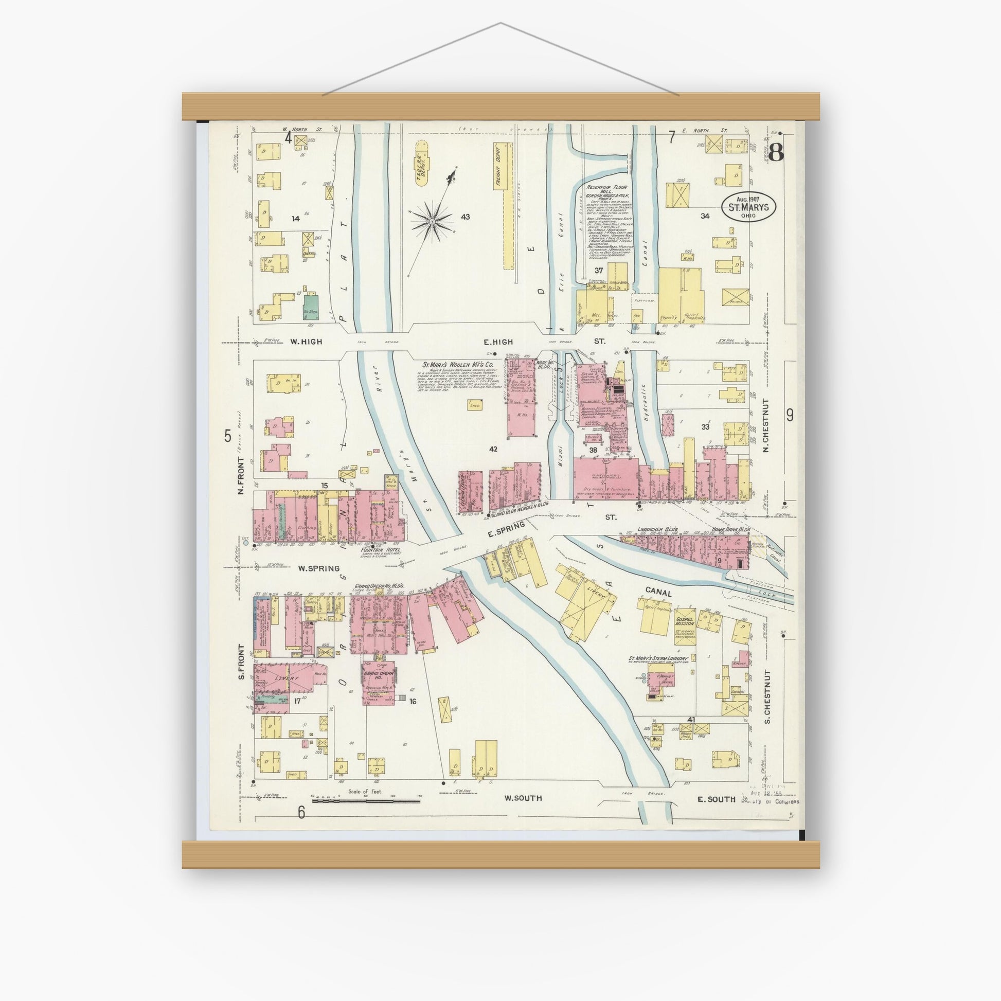 Old map wall art mockup — magnetic wood frame on white wall — Sanborn Fire Insurance Map from Saint Marys, Auglaize County, Ohio (1907), Sheet #0008