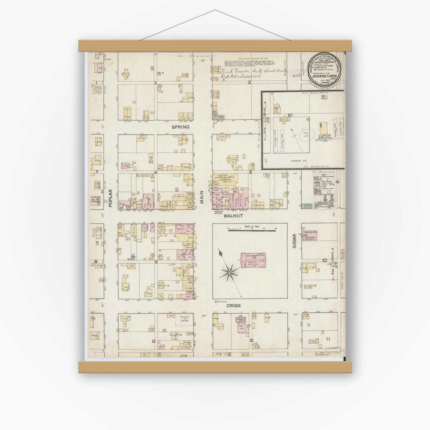 Old map wall art mockup — magnetic wood frame on white wall — Sanborn Fire Insurance Map from Brownstown, Jackson County, Indiana (1887), Sheet #0001