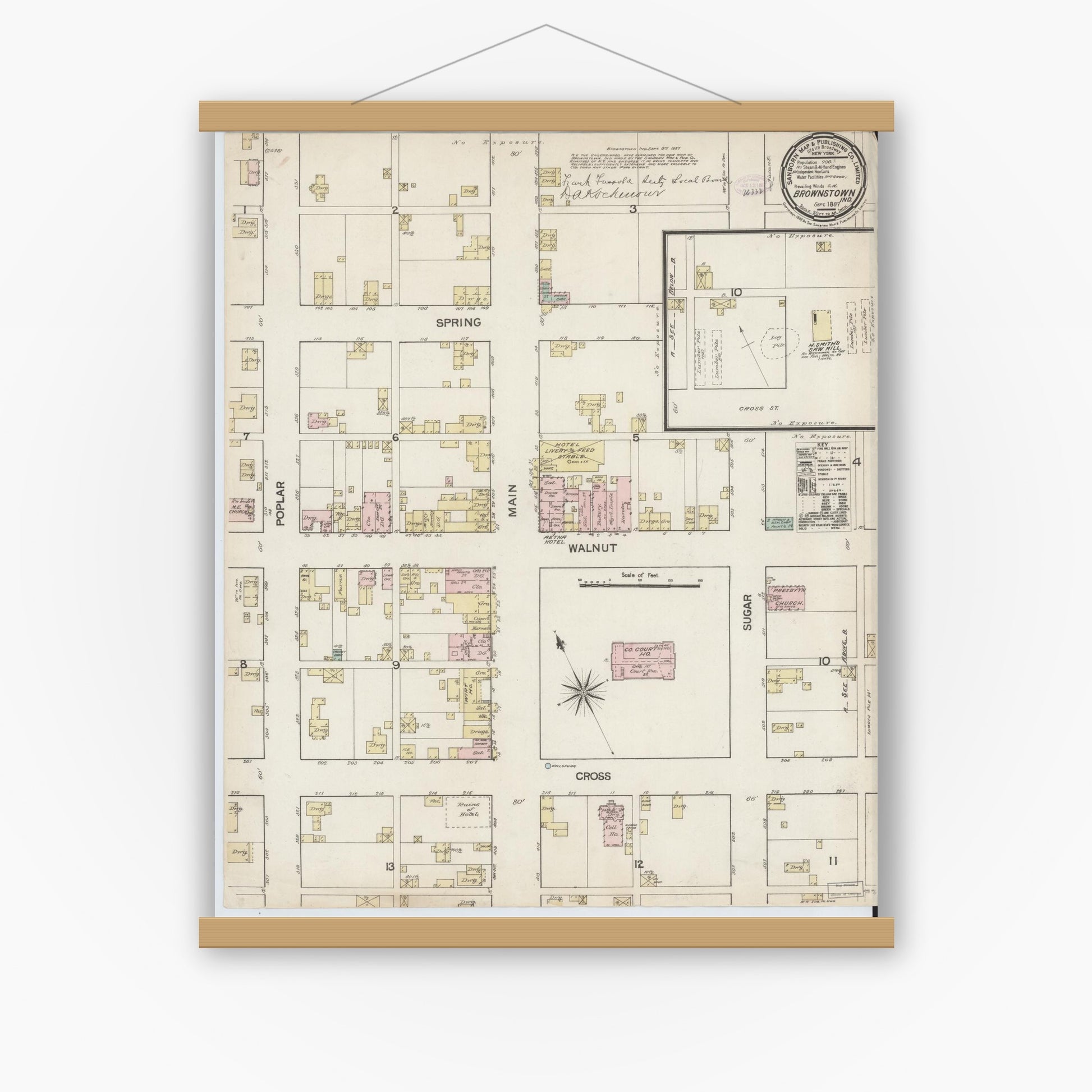 Old map wall art mockup — magnetic wood frame on white wall — Sanborn Fire Insurance Map from Brownstown, Jackson County, Indiana (1887), Sheet #0001