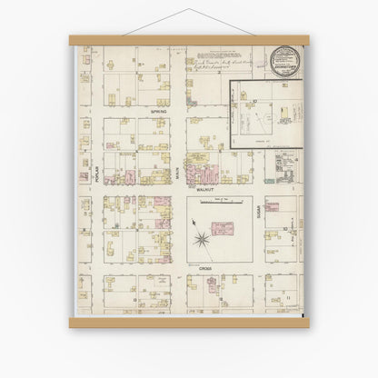 Old map wall art mockup — magnetic wood frame on white wall — Sanborn Fire Insurance Map from Brownstown, Jackson County, Indiana (1887), Sheet #0001