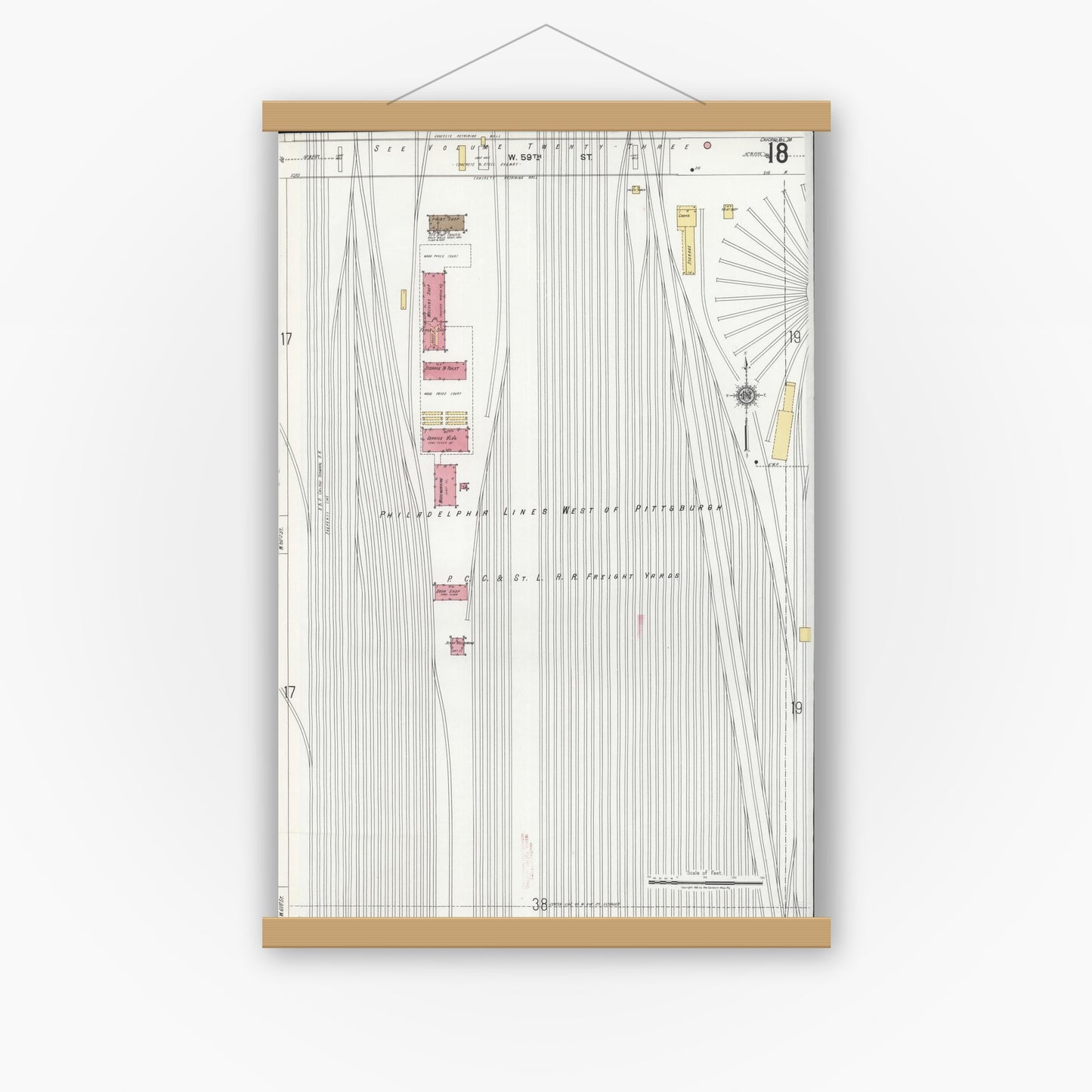 Old map wall art mockup — magnetic wood frame on white wall — Sanborn Fire Insurance Map from Chicago, Cook County, Illinois (1920), Sheet #0018