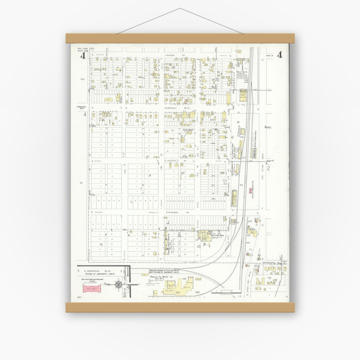 Old map wall art mockup — magnetic wood frame on white wall — Sanborn Fire Insurance Map from San Juan, Hidalgo County, Texas (1938), Sheet #0004