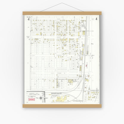 Old map wall art mockup — magnetic wood frame on white wall — Sanborn Fire Insurance Map from San Juan, Hidalgo County, Texas (1938), Sheet #0004
