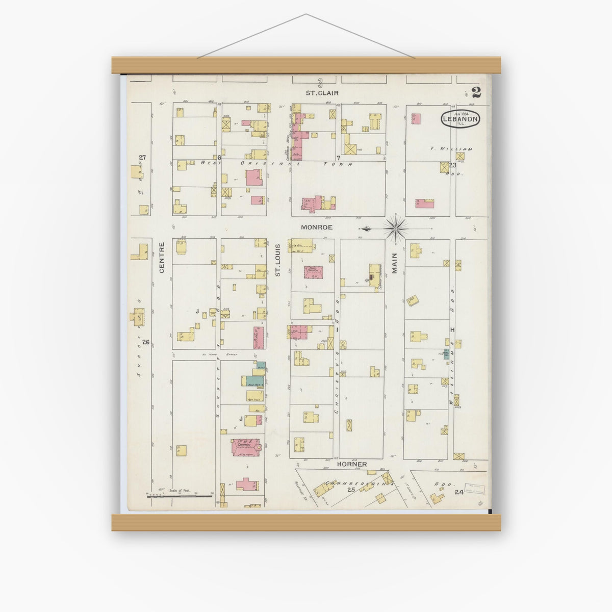 Old map wall art mockup — magnetic wood frame on white wall — Sanborn Fire Insurance Map from Lebanon, Saint Clair County, Illinois (1894), Sheet #0002