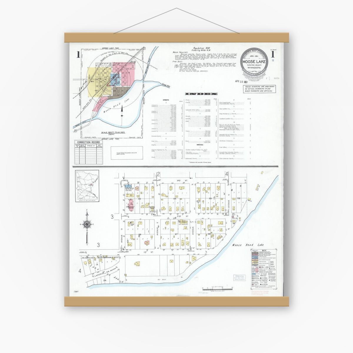 Old map wall art mockup — magnetic wood frame on white wall — Sanborn Fire Insurance Map from Moose Lake, Carlton County, Minnesota (1951) - Complete Map Set