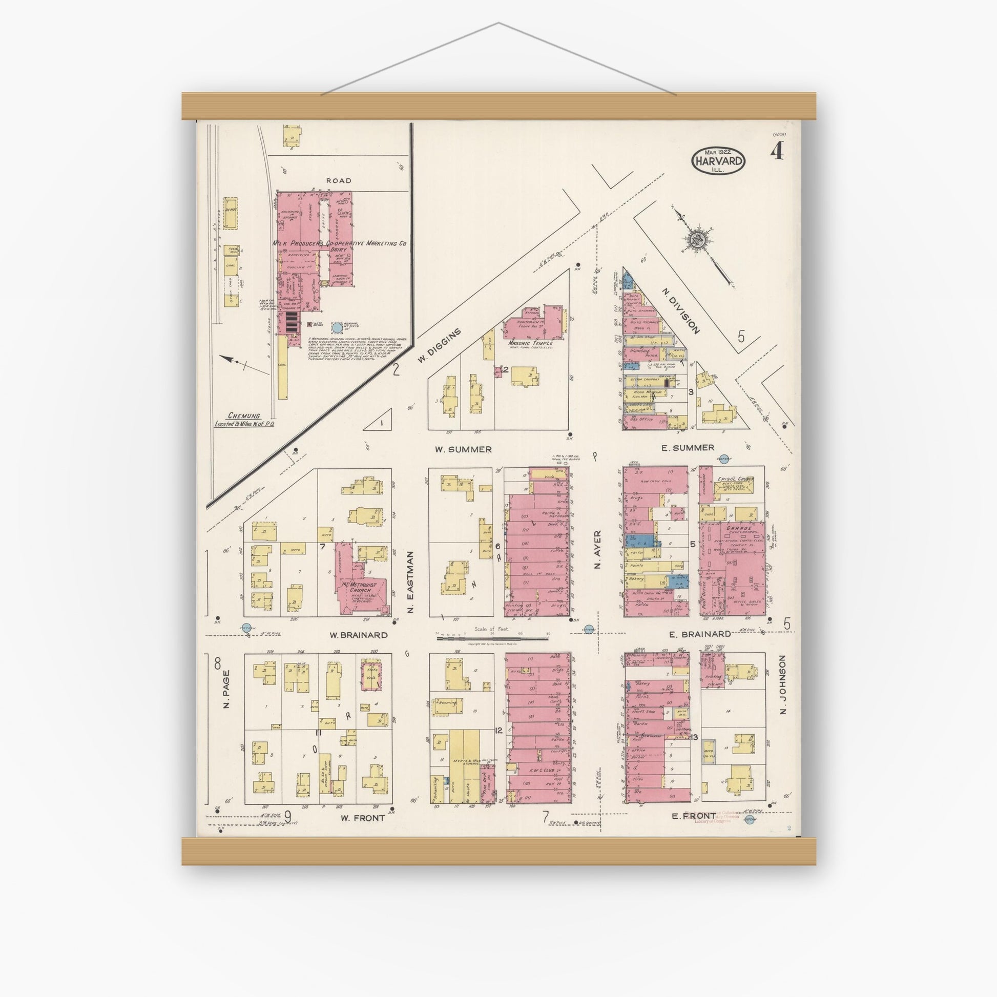 Old map wall art mockup — magnetic wood frame on white wall — Sanborn Fire Insurance Map from Harvard, McHenry County, Illinois (1922), Sheet #0004