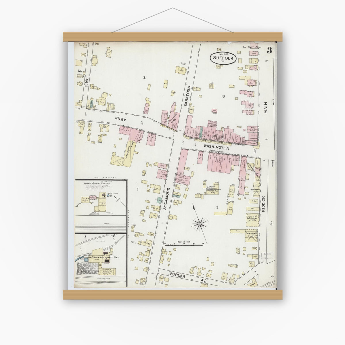 Old map wall art mockup — magnetic wood frame on white wall — Sanborn Fire Insurance Map from Suffolk, Independent Cities, Virginia (1888), Sheet #0003