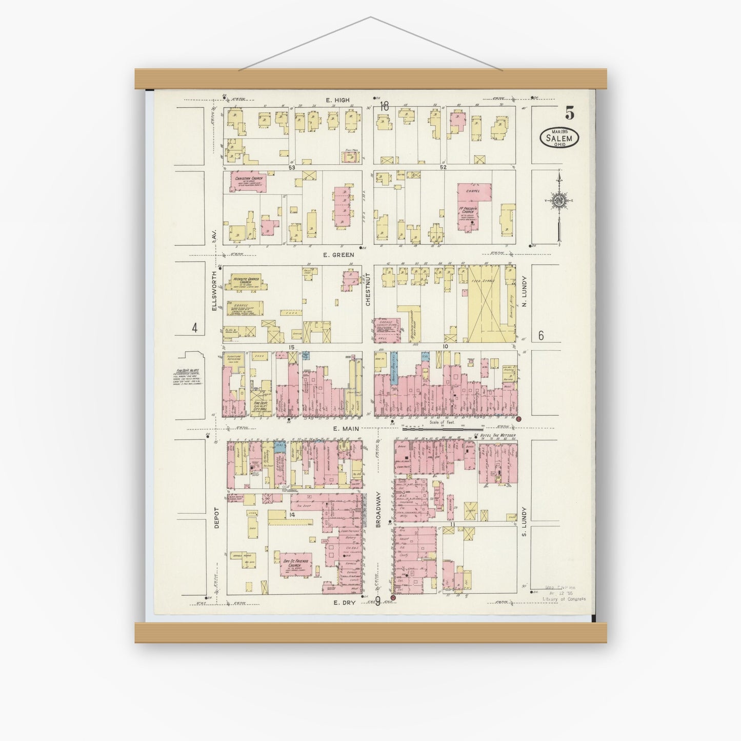 Old map wall art mockup — magnetic wood frame on white wall — Sanborn Fire Insurance Map from Salem, Columbiana County, Ohio (1915), Sheet #0005