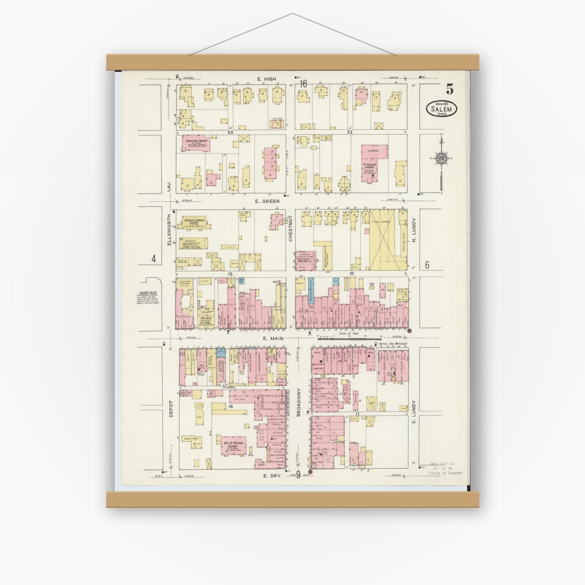 Old map wall art mockup — magnetic wood frame on white wall — Sanborn Fire Insurance Map from Salem, Columbiana County, Ohio (1915), Sheet #0005