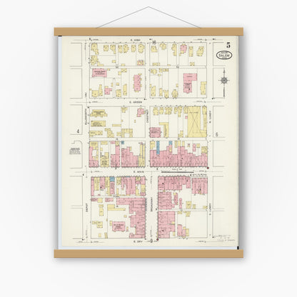 Old map wall art mockup — magnetic wood frame on white wall — Sanborn Fire Insurance Map from Salem, Columbiana County, Ohio (1915), Sheet #0005
