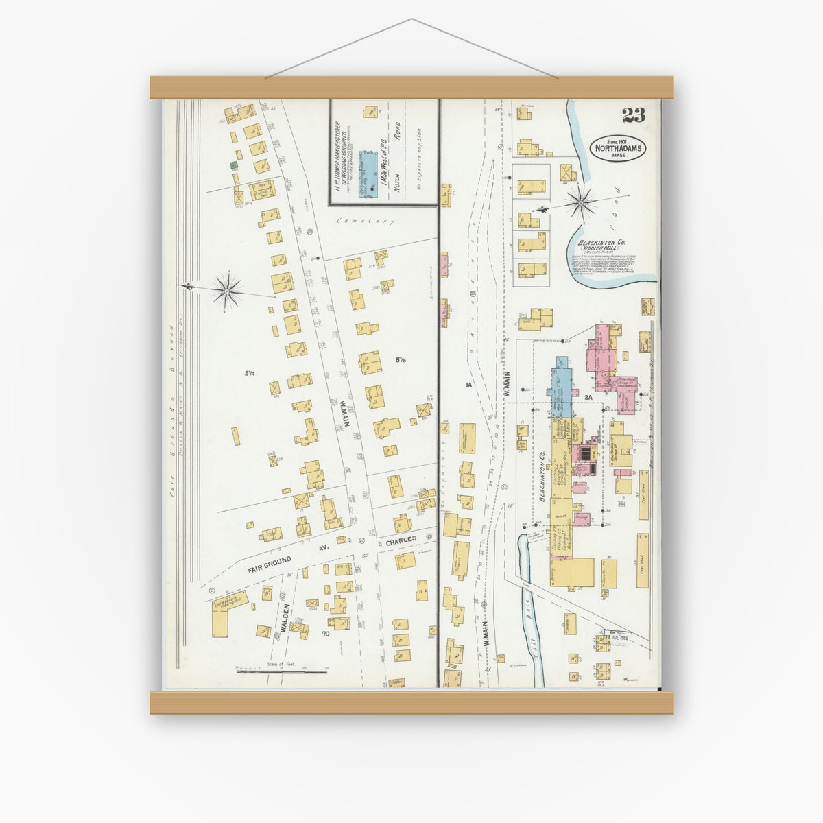 Old map wall art mockup — magnetic wood frame on white wall — Sanborn Fire Insurance Map from North Adams, Berkshire County, Massachusetts (1901), Sheet #0023