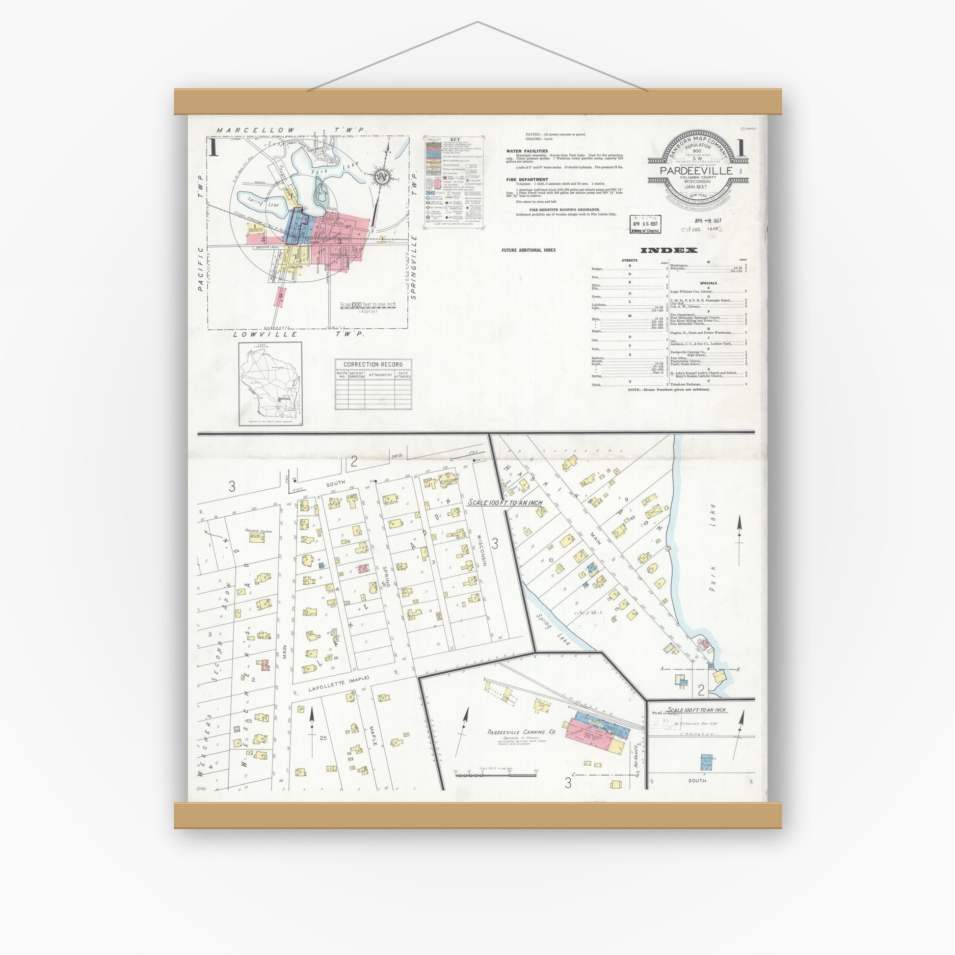 Old map wall art mockup — magnetic wood frame on white wall — Sanborn Fire Insurance Map from Pardeeville, Columbia County, Wisconsin (1937), Sheet #0001