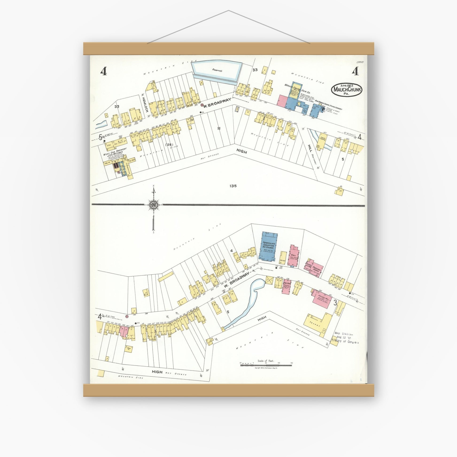 Old map wall art mockup — magnetic wood frame on white wall — Sanborn Fire Insurance Map from Mauch Chunk, Carbon County, Pennsylvania (1923), Sheet #0004