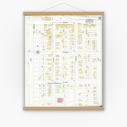 Old map wall art mockup — magnetic wood frame on white wall — Sanborn Fire Insurance Map from Creston, Union County, Iowa (1899), Sheet #0008