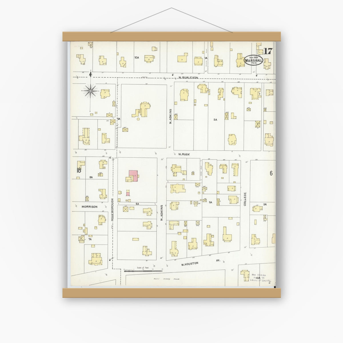 Old map wall art mockup — magnetic wood frame on white wall — Sanborn Fire Insurance Map from Marshall, Harrison County, Texas (1904), Sheet #0017