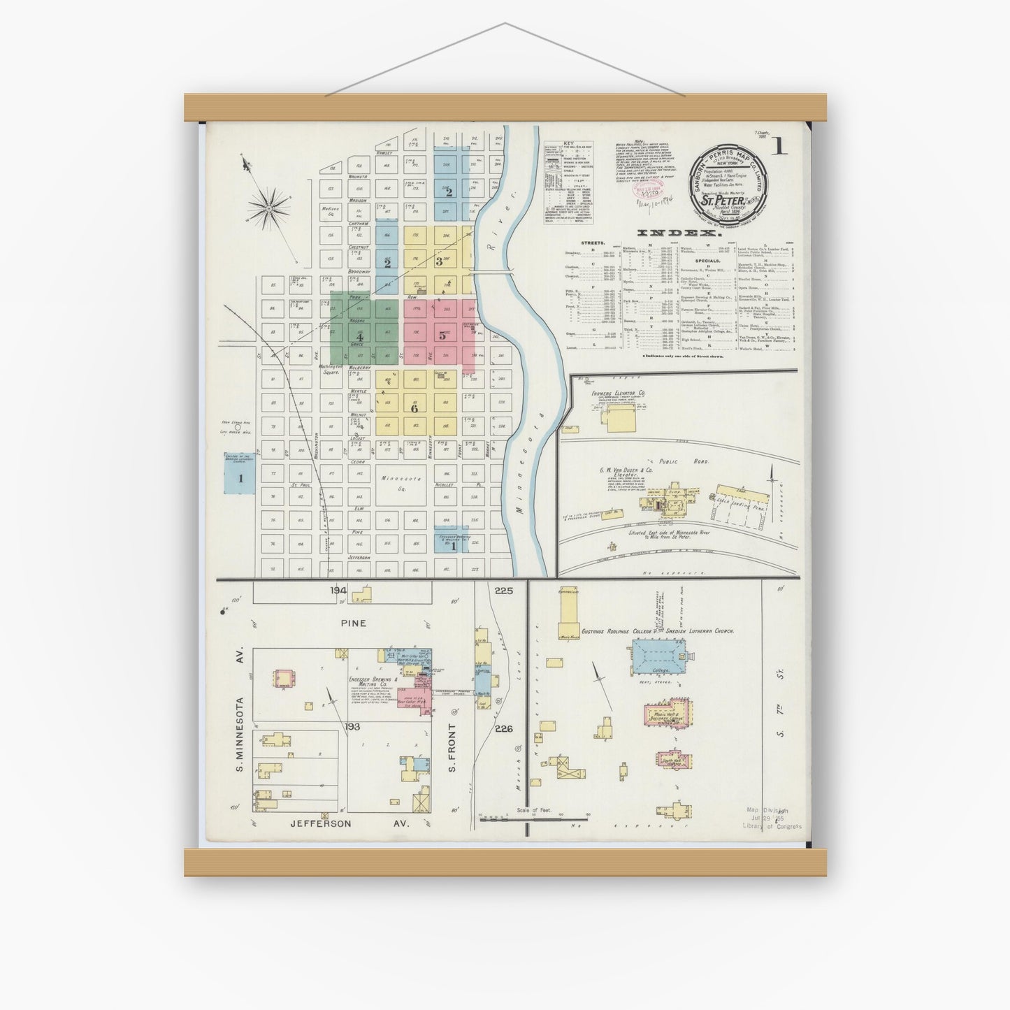 Old map wall art mockup — magnetic wood frame on white wall — Sanborn Fire Insurance Map from Saint Peter, Nicollet County, Minnesota (1894), Sheet #0001