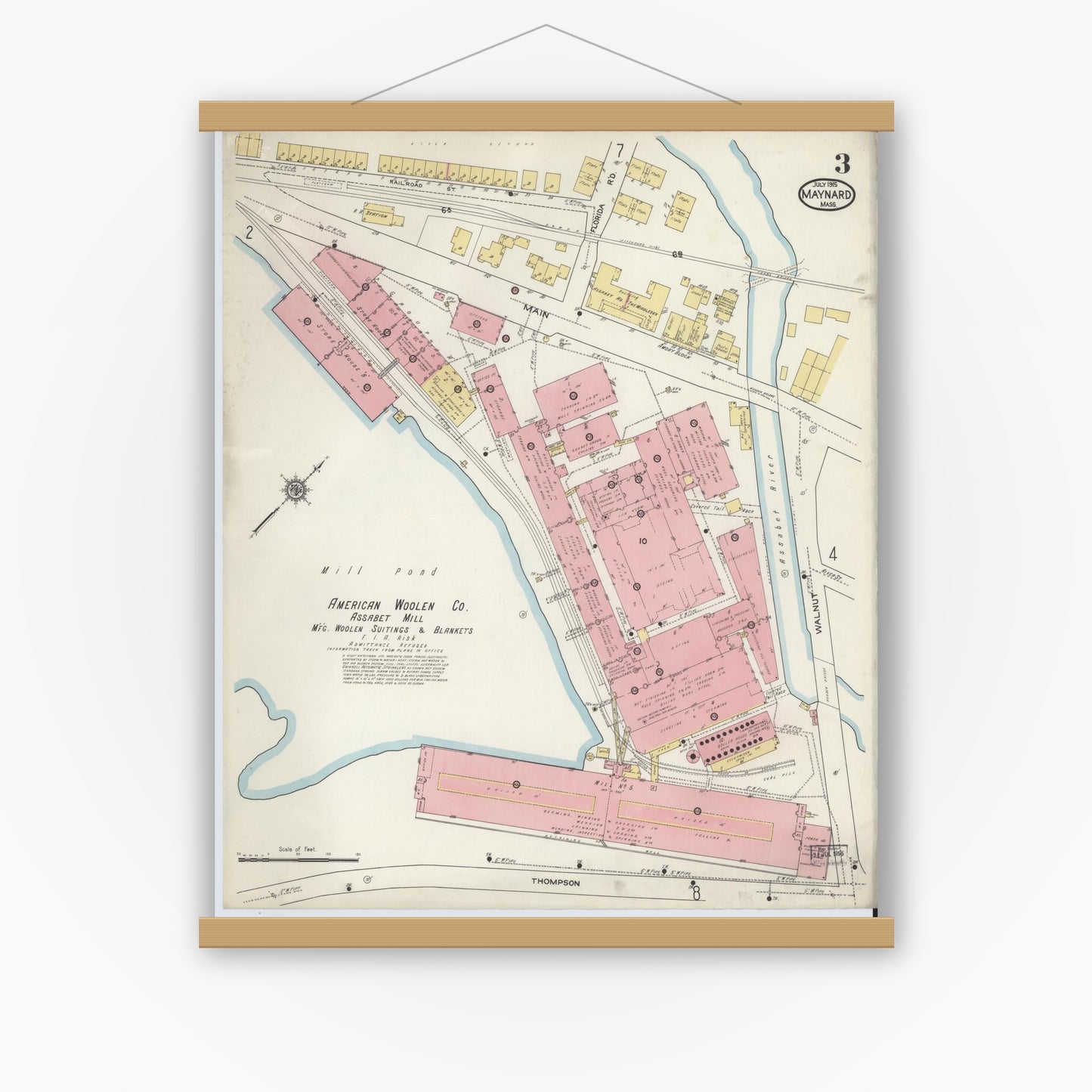 Old map wall art mockup — magnetic wood frame on white wall — Sanborn Fire Insurance Map from Maynard, Middlesex County, Massachusetts (1915), Sheet #0003