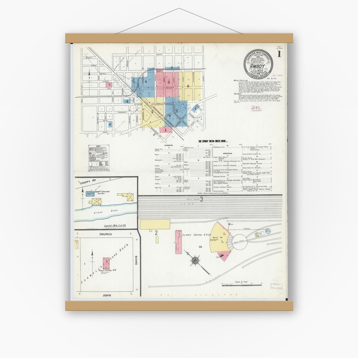 Old map wall art mockup — magnetic wood frame on white wall — Sanborn Fire Insurance Map from Amboy, Lee County, Illinois (1910), Sheet #0001