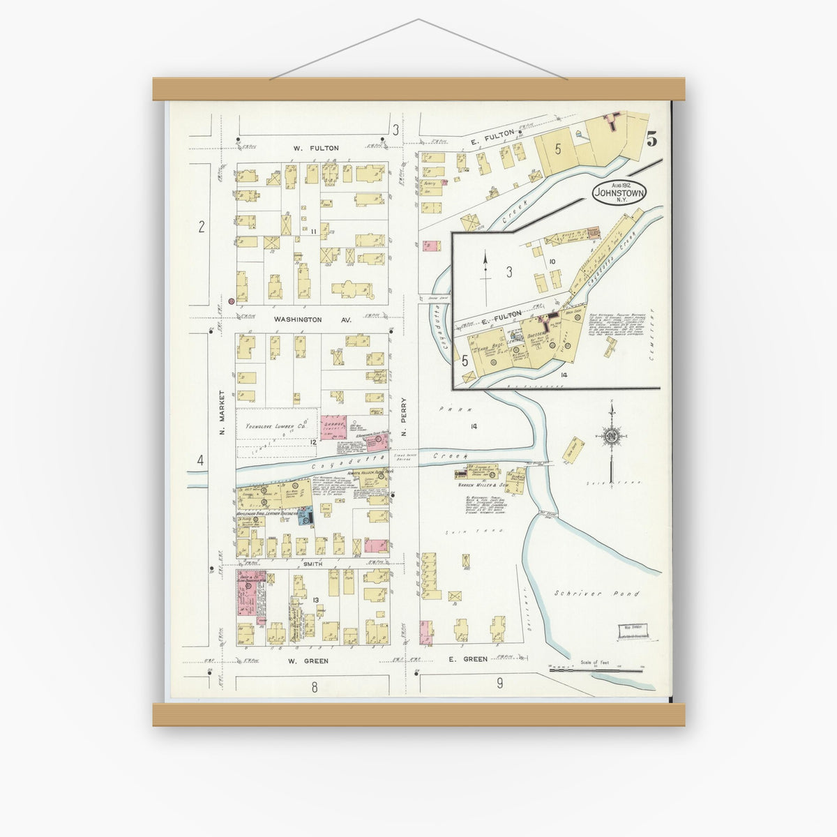 Old map wall art mockup — magnetic wood frame on white wall — Sanborn Fire Insurance Map from Johnstown, Fulton County, New York (1912), Sheet #0005