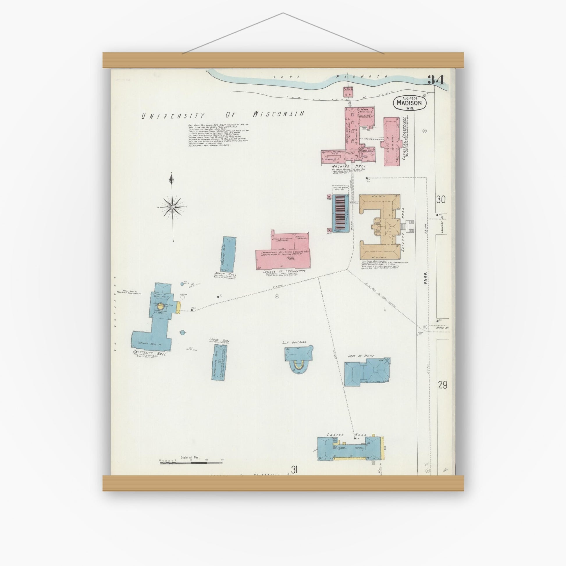 Old map wall art mockup — magnetic wood frame on white wall — Sanborn Fire Insurance Map from Madison, Dane County, Wisconsin (1902), Sheet #0034