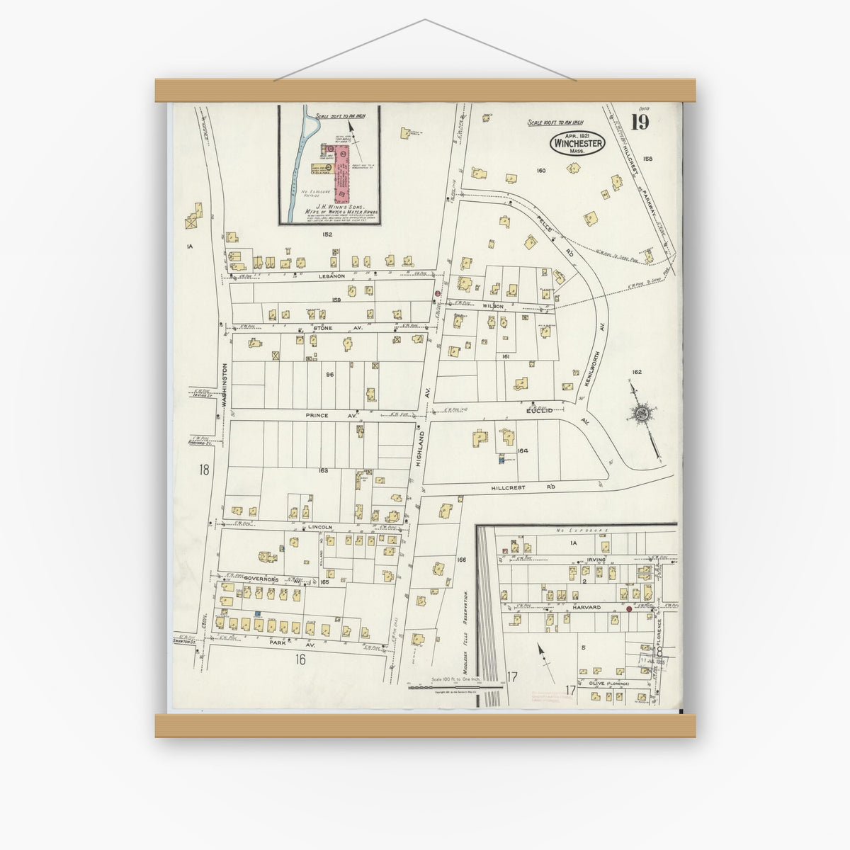 Old map wall art mockup — magnetic wood frame on white wall — Sanborn Fire Insurance Map from Winchester, Middlesex County, Massachusetts (1921), Sheet #0019