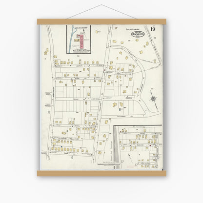 Old map wall art mockup — magnetic wood frame on white wall — Sanborn Fire Insurance Map from Winchester, Middlesex County, Massachusetts (1921), Sheet #0019