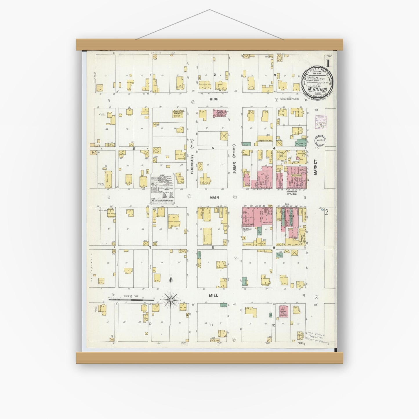 Old map wall art mockup — magnetic wood frame on white wall — Sanborn Fire Insurance Map from McArthur, Vinton County, Ohio (1901), Sheet #0001