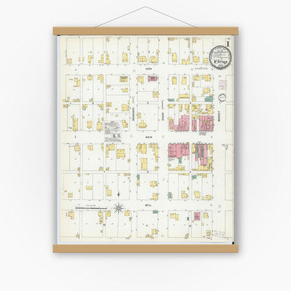 Old map wall art mockup — magnetic wood frame on white wall — Sanborn Fire Insurance Map from McArthur, Vinton County, Ohio (1901), Sheet #0001