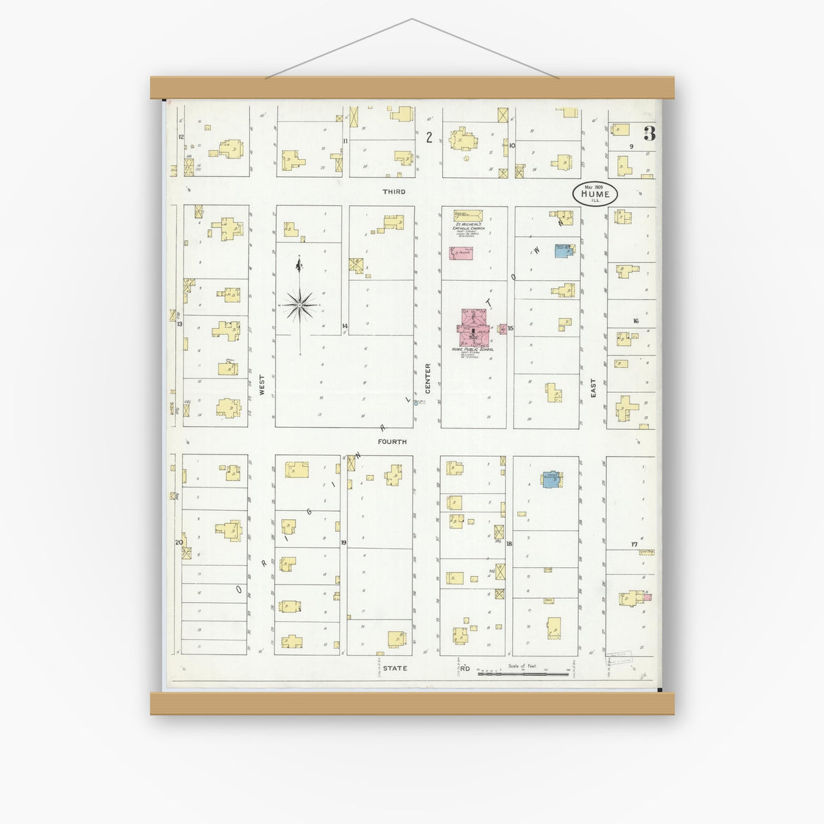 Old map wall art mockup — magnetic wood frame on white wall — Sanborn Fire Insurance Map from Hume, Edgar County, Illinois (1909), Sheet #0003