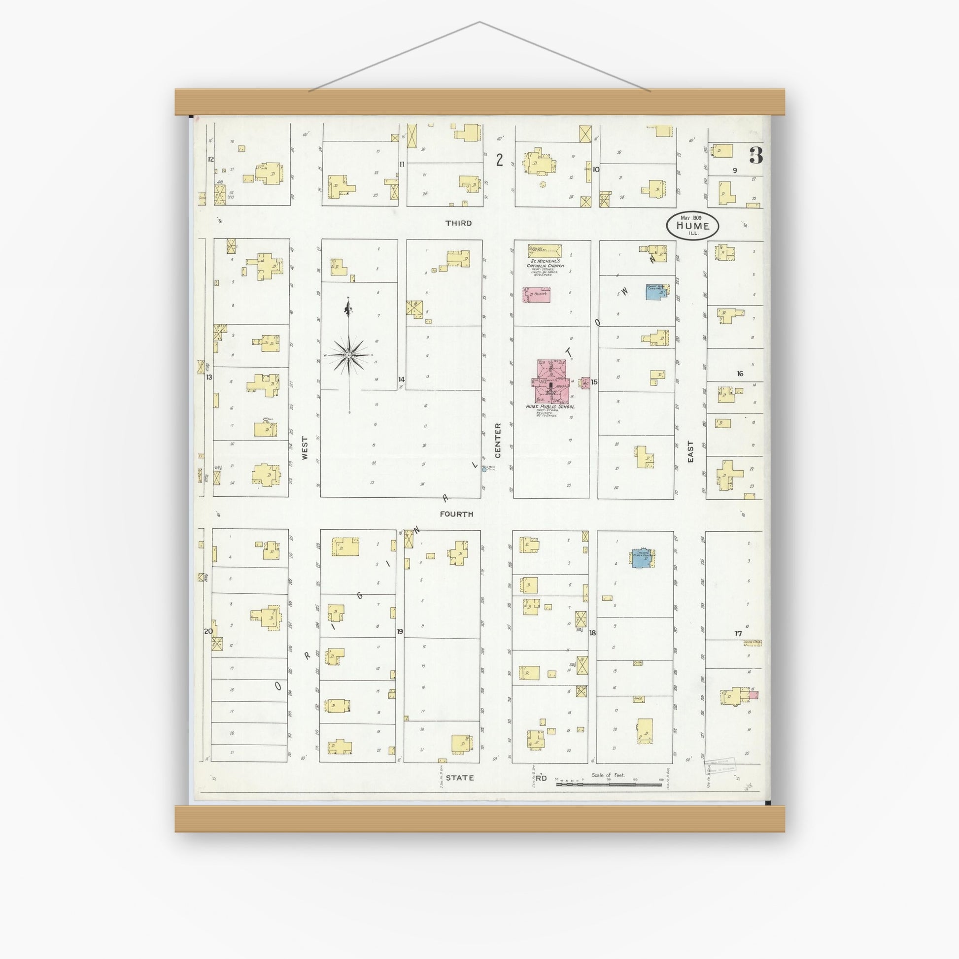 Old map wall art mockup — magnetic wood frame on white wall — Sanborn Fire Insurance Map from Hume, Edgar County, Illinois (1909), Sheet #0003