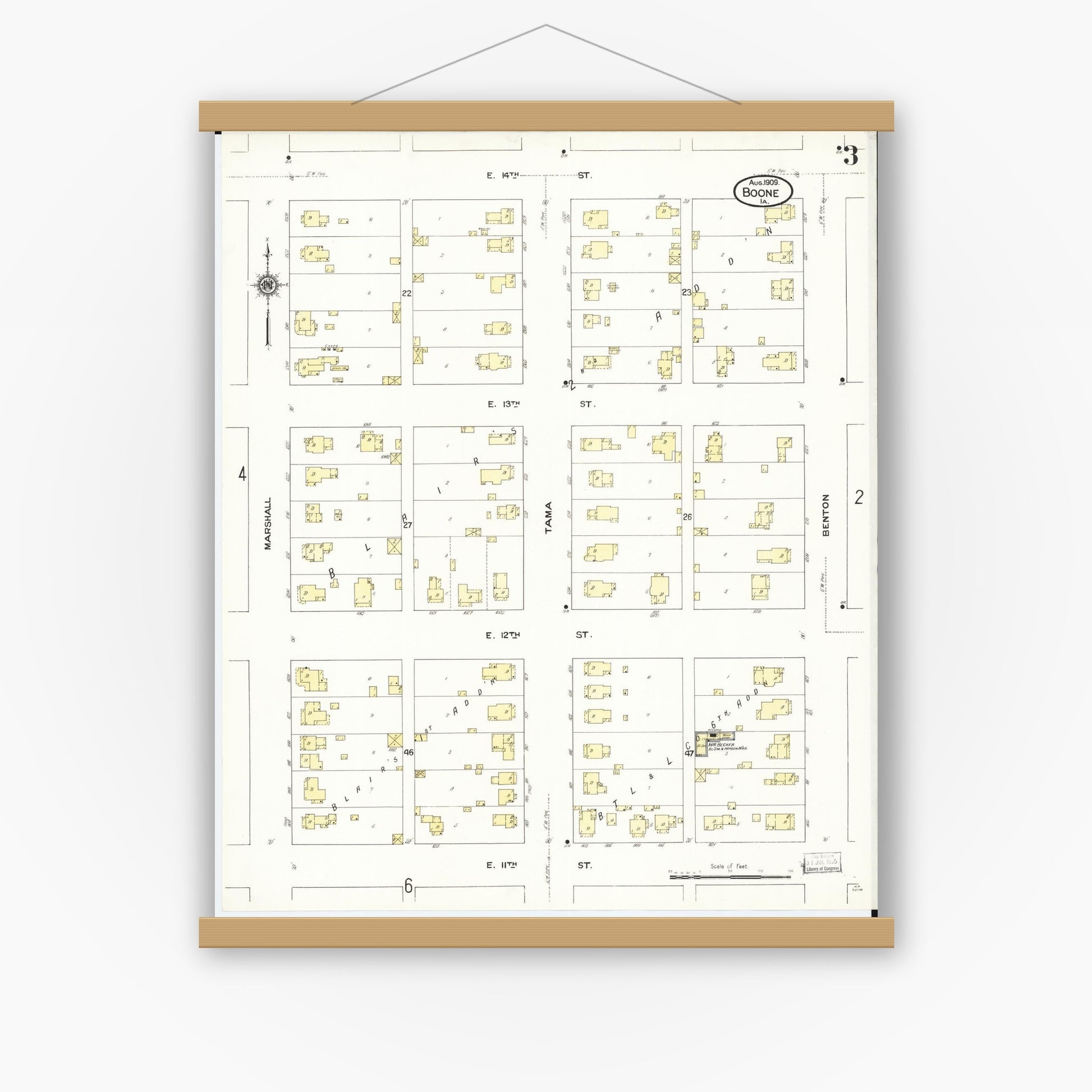 Old map wall art mockup — magnetic wood frame on white wall — Sanborn Fire Insurance Map from Boone, Boone County, Iowa (1909), Sheet #0003