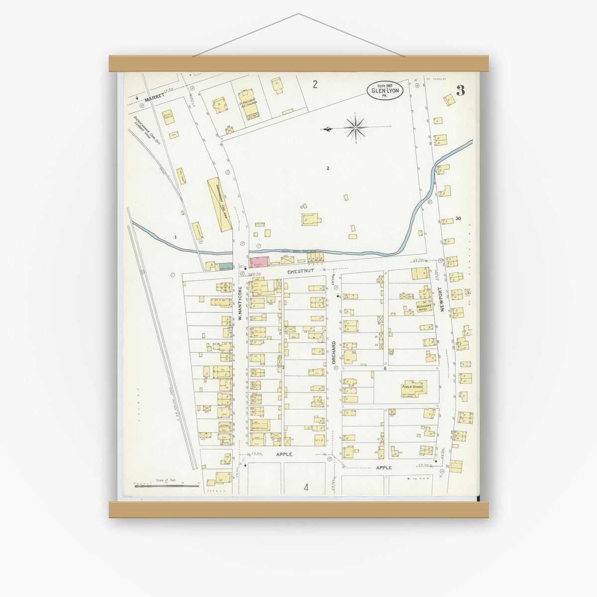 Old map wall art mockup — magnetic wood frame on white wall — Sanborn Fire Insurance Map from Glen Lyon, Luzerne County, Pennsylvania (1907), Sheet #0003