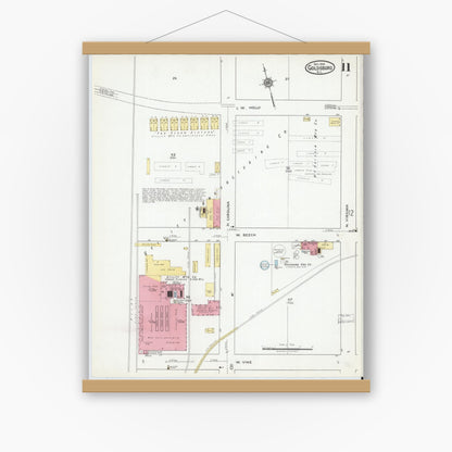 Old map wall art mockup — magnetic wood frame on white wall — Sanborn Fire Insurance Map from Goldsboro, Wayne County, North Carolina (1918), Sheet #0011